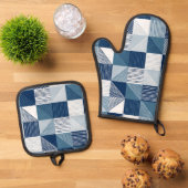 Moderne geometrische Karos mit Linien in blau Ofenhandschuh & Topflappen-Set (Oben Unten)