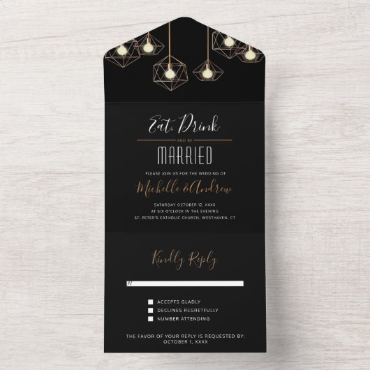 Moderne geometrische Lichter Schwarze Hochzeit All In One Einladung (Innen Boden)