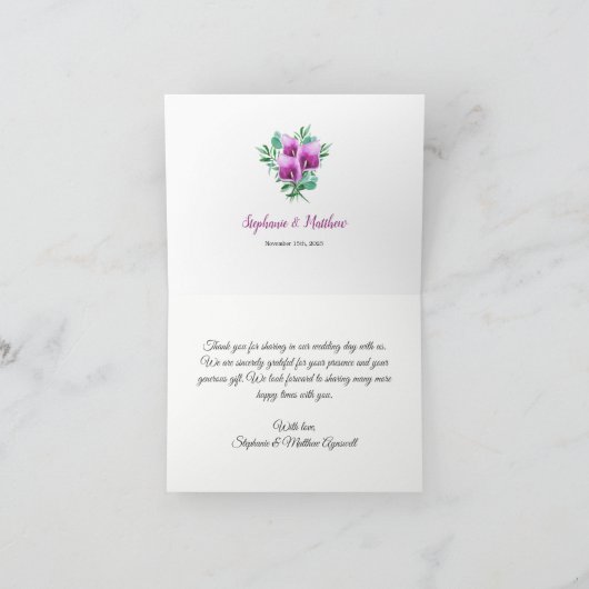 Moderne geometrische Lila Calla Lily Wedding Dankeskarte (Innenseite)