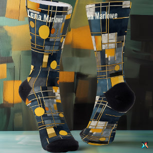 Moderne geometrische marineblaue und goldene perso socken
