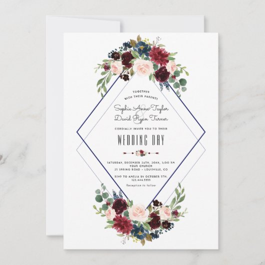 Moderne geometrische Merlot-Hochzeit mit blauer Fl Einladung (Vorderseite)