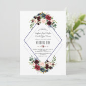 Moderne geometrische Merlot-Hochzeit mit blauer Fl Einladung (Stehend Vorderseite)