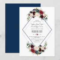 Moderne geometrische Merlot-Hochzeit mit blauer Fl