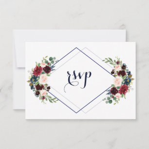 Moderne geometrische Merlot-Hochzeit mit blauer Fl RSVP Karte