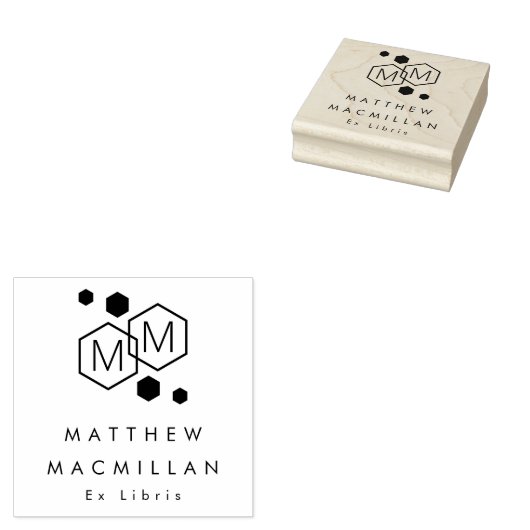 Moderne geometrische Sechsecke Monogramm Bibliothe Gummistempel (Stempel)