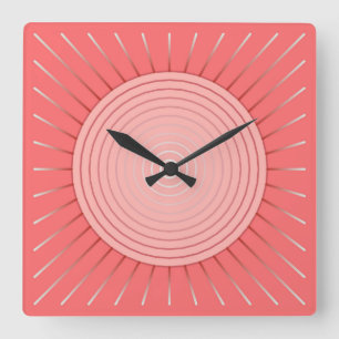 Moderne geometrische Sonneburst - Tiefes Korallenr Quadratische Wanduhr