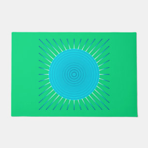 Moderne geometrische Sonnenburst, Blau und Jade Gr Fußmatte
