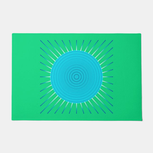 Moderne geometrische Sonnenburst, Blau und Jade Gr Fußmatte (Vorderseite)