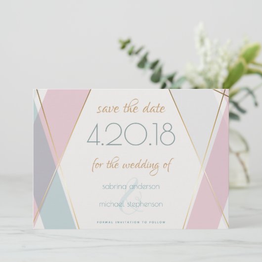 Moderne geometrische Streifen Aquamarine Rose Save The Date (Stehend Vorderseite)
