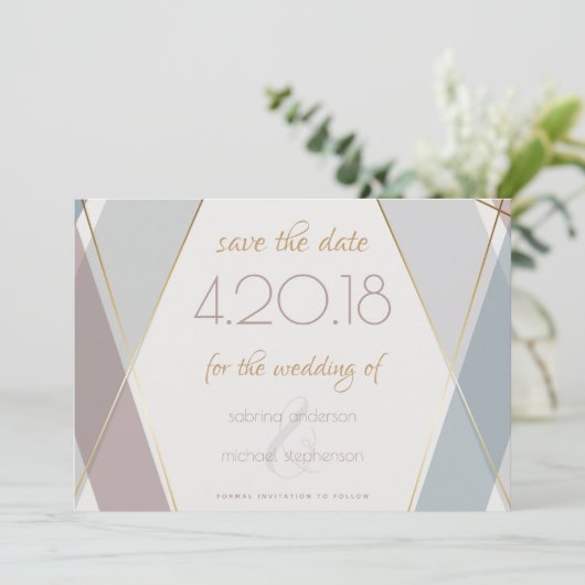 Moderne geometrische Streifen Taupe Slate Save The Date (Stehend Vorderseite)