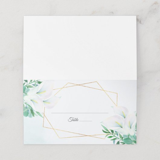 Moderne geometrische White Calla Lily Floral Weddi Platzkarte (Außenseite Aufgefaltet)