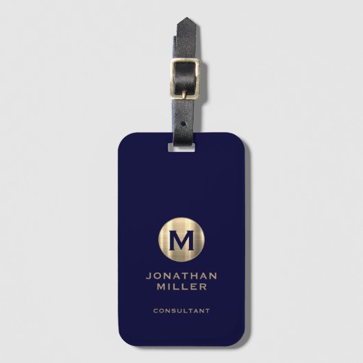 Moderne Gepäckmarke Navy Brushgold Monogram Gepäckanhänger (Vorderseite Vertikal)