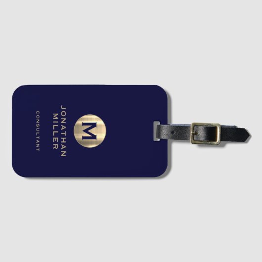 Moderne Gepäckmarke Navy Brushgold Monogram Gepäckanhänger (Vorderseite (Horizontal))