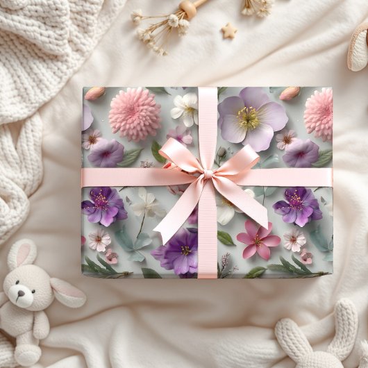 Moderne gepresste 3D-Wildblume Rosa und Lila Geschenkpapier