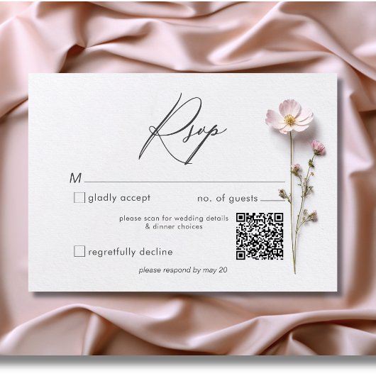 Moderne, gepresste Pastel-Wildblumen mit QR-Code RSVP Karte