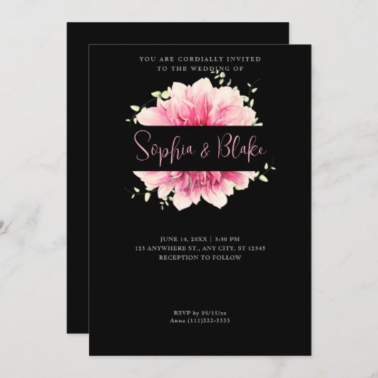 Moderne Gerahmte Schwarze Hochzeit in Rosa Einladung (Vorne/Hinten)
