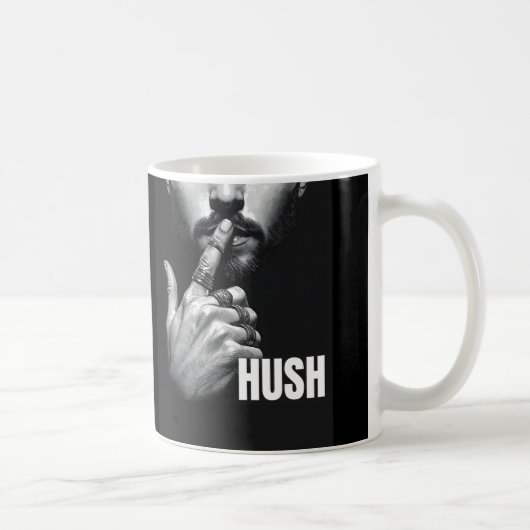 Moderne Geste eines Mannes, der zum Schweigen auff Kaffeetasse (Rechts)
