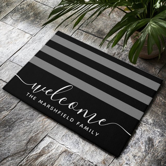 Moderne gestreifte Musterfamilie Schwarz Grau Fußmatte (Custom Welcome Doormat)