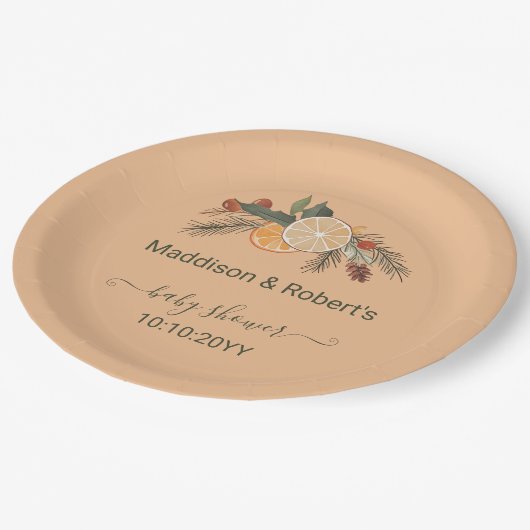 Moderne getrocknete Winter Citrus Baby Dusche Pappteller (Schrägansicht)