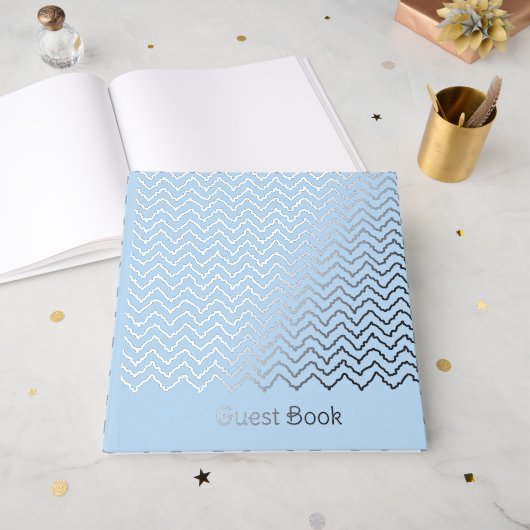 Moderne gewellte Zickzack-Chevron-Muster auf Blau Gästebuch (Vorderseite Offen)