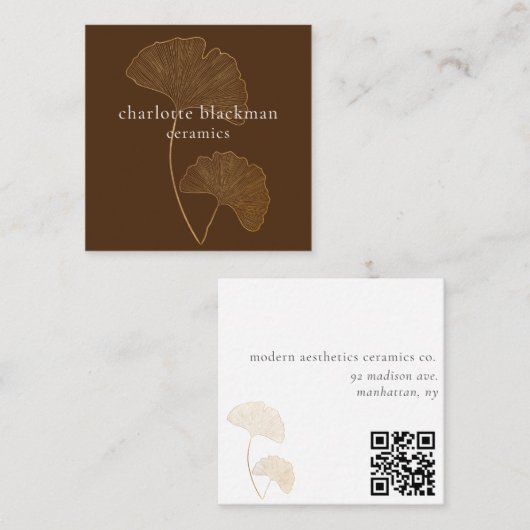 Moderne Gingko Leaf QR Code Brown Square Card Quadratische Visitenkarte (Vorne/Hinten)