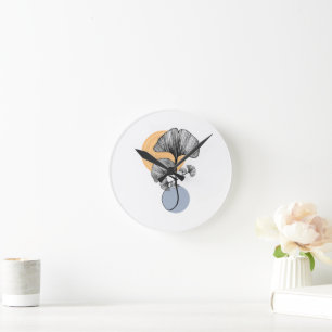 Moderne Ginkgoblatt-Botanikuhr rund Runde Wanduhr