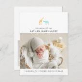 Moderne Giraffe Elephant Fotos Geburt Ankündigungspostkarte (Vorne/Hinten)