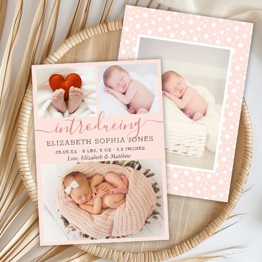 Moderne Girl Birth Announcement Foto Collage Card Ankündigung