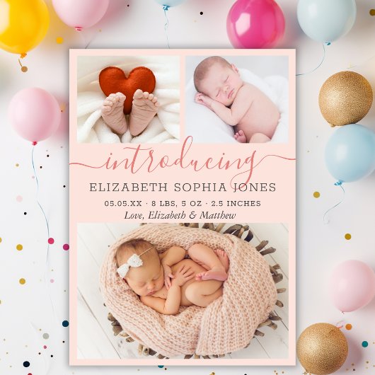 Moderne Girl Birth Announcement Foto Collage Card Ankündigung