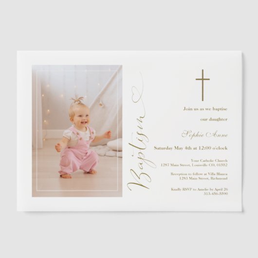 Moderne Girl Foto Gold Calligraphy Baptisk Pergament Einladungen (Vorderseite)