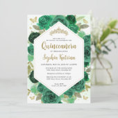 Moderne Girl-Grün-Blütengoldquinceñera Einladung (Stehend Vorderseite)
