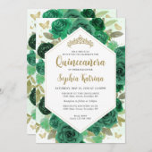 Moderne Girl-Grün-Blütengoldquinceñera Einladung (Vorne/Hinten)