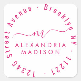 Moderne Girl Script Monogram Address Magenta Pink Quadratischer Aufkleber