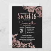 Moderne Girly Black Rose Gold Floral Sweet 16 Einladung (Vorderseite)