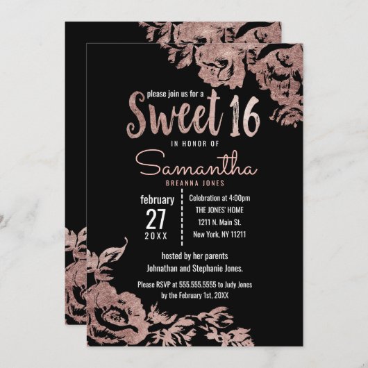 Moderne Girly Black Rose Gold Floral Sweet 16 Einladung (Vorne/Hinten)