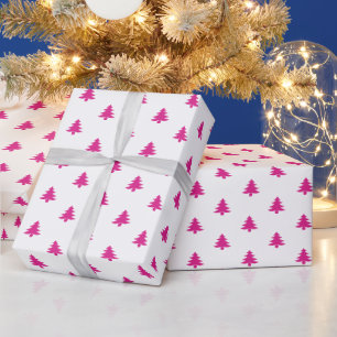 Moderne Girly Hot Pink Weihnachtsbäume auf Weiß Geschenkpapier