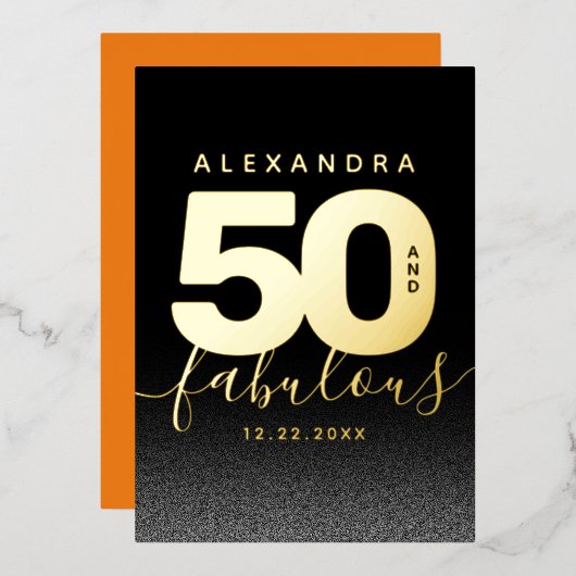 Moderne Girly Orange 50 und fabulous Folieneinladung (Vorderseite/Rückseite)