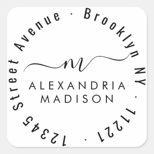 Moderne Girly Script Monogram-Initialadresse Quadratischer Aufkleber (Vorderseite)