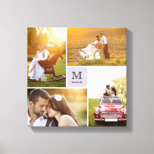 Moderne Gitter-Monogramm-Hochzeit 4-Foto-Collage Leinwanddruck