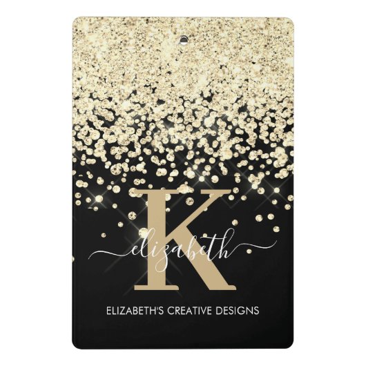 Moderne Glam Black Gold Glitzer Monogram Signature Mini Klemmbrett (Rückseite)