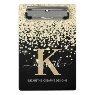 Moderne Glam Black Gold Glitzer Monogram Signature Mini Klemmbrett