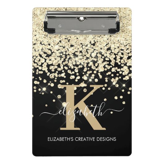 Moderne Glam Black Gold Glitzer Monogram Signature Mini Klemmbrett (Vorderseite)