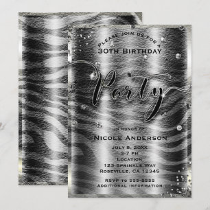 Moderne Glam Black White Zebra- und Silber-Bling-P Einladung