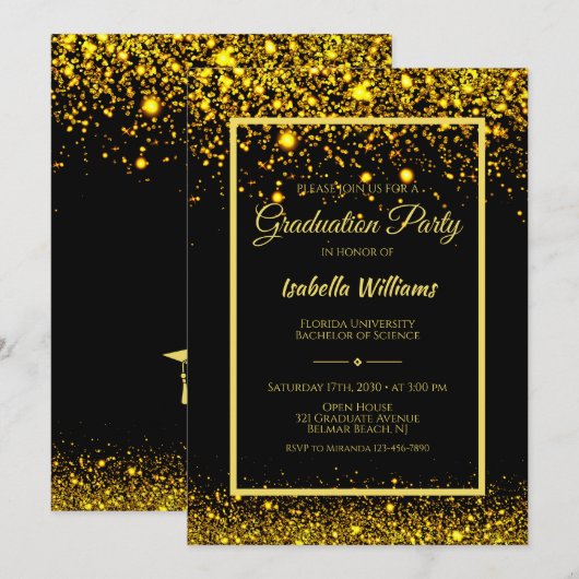 Moderne Glam Gold Glitzer Graduation Party Einladung (Vorne/Hinten)