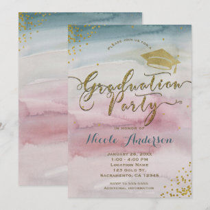 Moderne Glam Watercolor & Gold Dot ABITUR Party Einladung