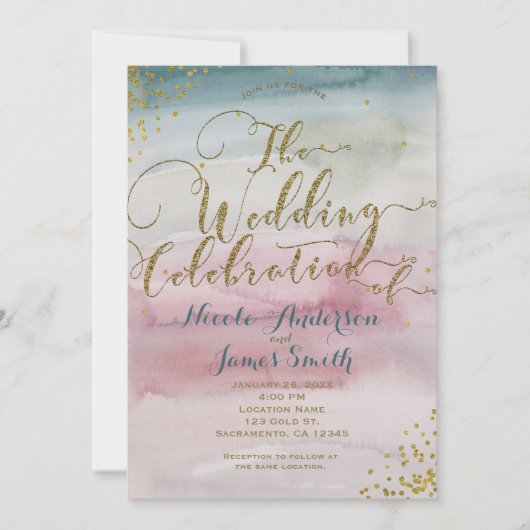 Moderne Glam Watercolor Goldene Hochzeit Einladung (Vorderseite)