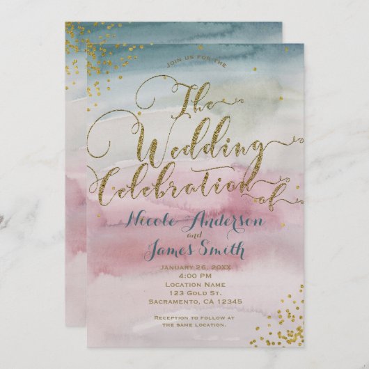 Moderne Glam Watercolor Goldene Hochzeit Einladung (Vorne/Hinten)