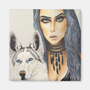 Moderne Glamour-Frau & Husky-Wolf-Hund Magnet