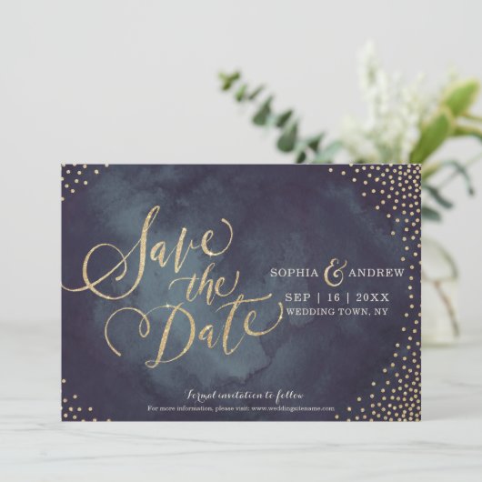 Moderne Glattgold-Glitzer-Kalligraphie Save the Da Save The Date (Stehend Vorderseite)