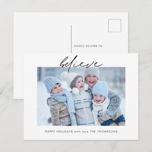 Moderne glauben Script Foto Name Blue Christmas Postkarte (Vorne/Hinten)